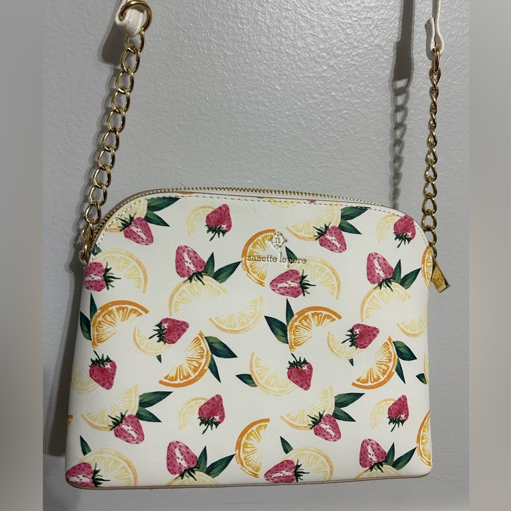 🍋 🍓Nanette Lepore SHELLIE Cream Crossbody Bag with Citrus and Strawberry Design